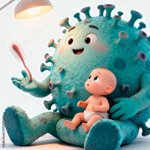 Friendly cartoon virus holding a baby and a toothbrush promoting hygiene and health.