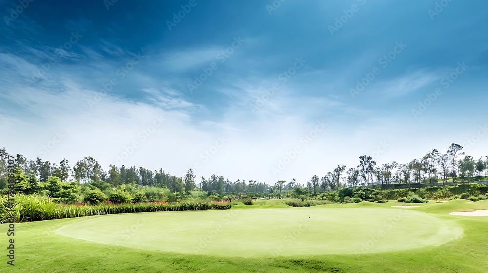 Obraz premium fairway. Vast green golf course under bright sunlight, capturing the tranquility of open landscapes. travel magazines, destination branding, designed for outdoor magazines and nature guides.