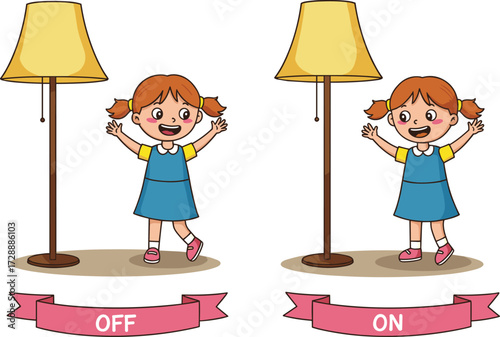 PrintCartoon girl showing lamp on and off, electricity learning, energy saving concept, home light illustration, child education, power switch