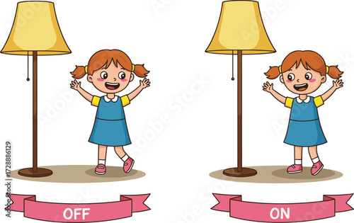PrintCartoon girl standing with lamp on and off, electricity concept, energy saving, home lighting illustration, child learning power switch