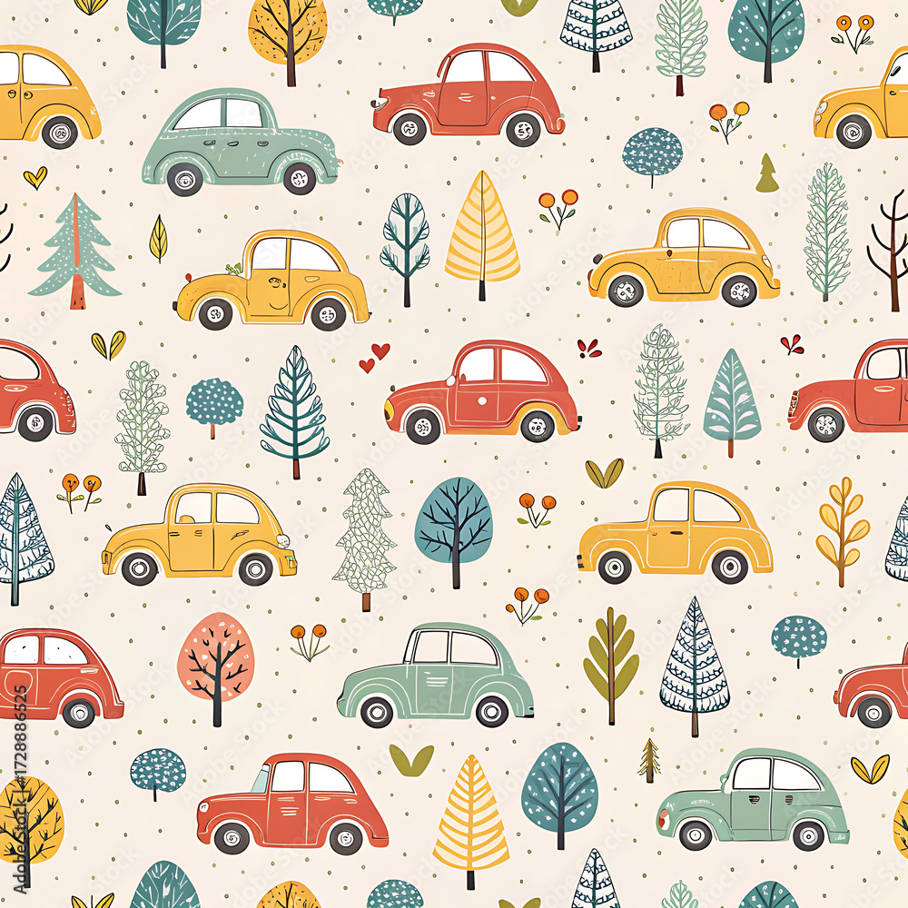 seamless pattern with cars and trees