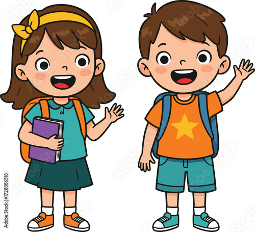 PrintCartoon school children, happy boy and girl, wearing backpacks, holding books, smiling faces, education illustration, learning concept, back to school
