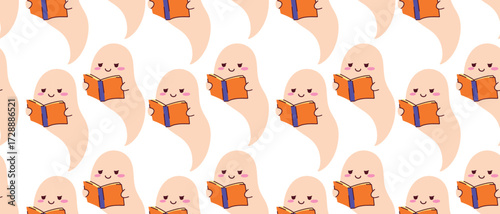 Seamless pattern of a cute ghost engrossed in reading an orange book. This charming design is perfect for Halloween-themed textiles, wrapping paper, or festive digital backgrounds for the holiday seas