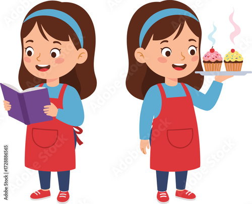 PrintCartoon little girl reading recipe book, wearing red apron, happy child baking cupcakes, cute kid holding tray of delicious muffins illustration