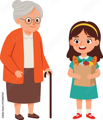 PrintHappy grandmother with walking cane standing beside smiling girl holding grocery bag, family bonding, generations, caring, love, togetherness, shopping, kindness.