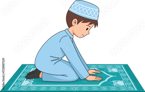 PrintMuslim boy praying, child in Islamic prayer, young kid kneeling on prayer mat, worship illustration, Islam culture, devotion, religion concept