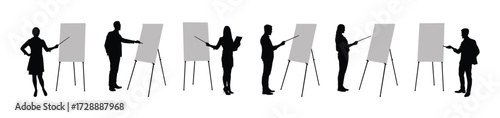 Silhouette set of business leader giving business presentation in front of whiteboard flat vector illustration.