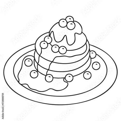 Blueberry Pancakes with Syrup Vector outline on white background