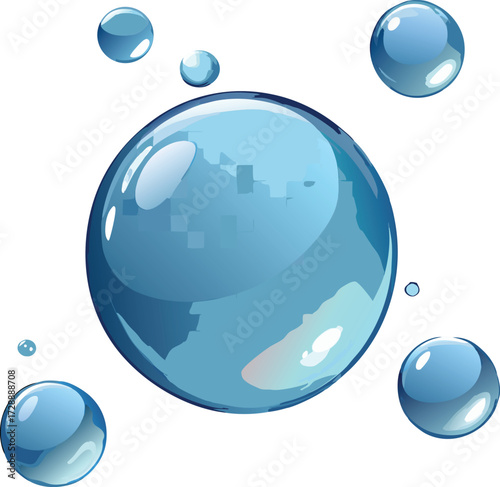 Realistic Blue Water Bubbles Vector Illustration on White Background for Purity