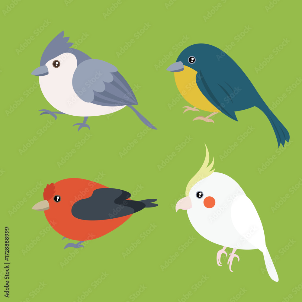 Fototapeta premium Set of cute little birds on green background. City birds Vector illustrations of Parrot, Niltava vivida, red, etc. Cartoon birds set of different kind.