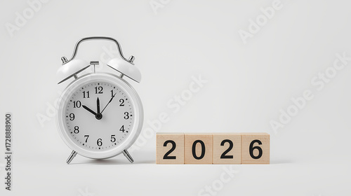 Happy New Year 2026 celebration with vintage white alarm clock striking midnight and wooden blocks showing 2026, minimal festive countdown and greeting design.