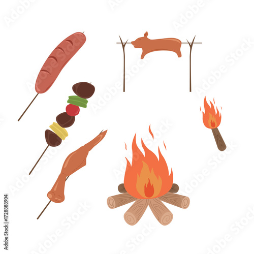 Set of Barbeque elements on a white background. Vector of Barbeque related things. Food of meats, chicken wing and sausages.