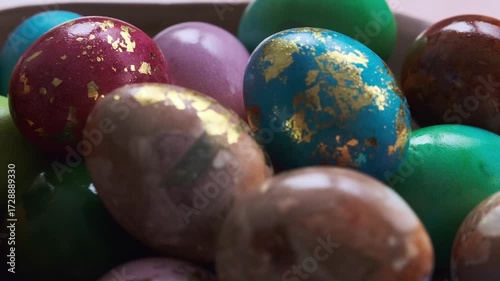 Colorful shiny Easter eggs close-up