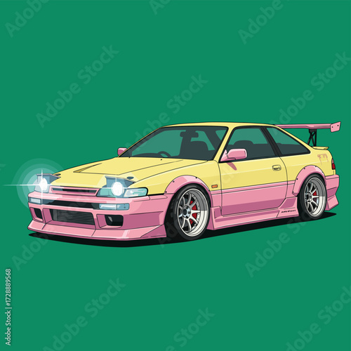 Rancing club Illustration. Japanese street car legend. Full speed JDM racing. Motorsport club illustration. American stock car. Extreme racing. Racing club vector t-shirt print design.