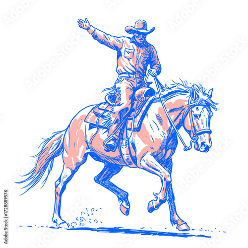 Frontier Cowboy Spirit. A vintage illustration of rodeo cowboy. Cowboy action on bronco. Wild West Rodeo Cowboy Illustration. Retro Western Rodeo Rider.