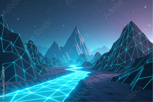 Futuristic Neon Polygonal Mountain Landscape