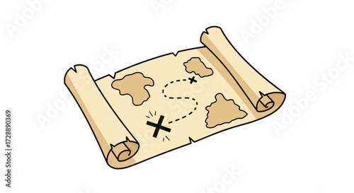 An ancient treasure map showing islands and a dotted line leading to an X mark.