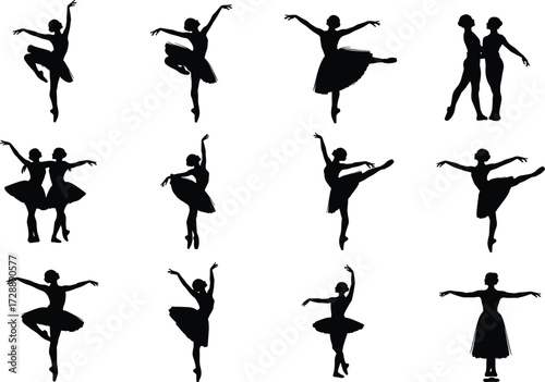 Ballet dancer silhouette set featuring twelve expressive solo and paired poses with classical movements for performing arts and design use