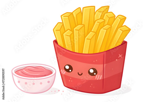 French fries with ketchup  on white background