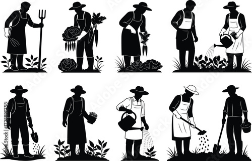 Farmer silhouette set featuring gardening and harvesting tasks with tools, baskets, and watering cans for agriculture and lifestyle design use