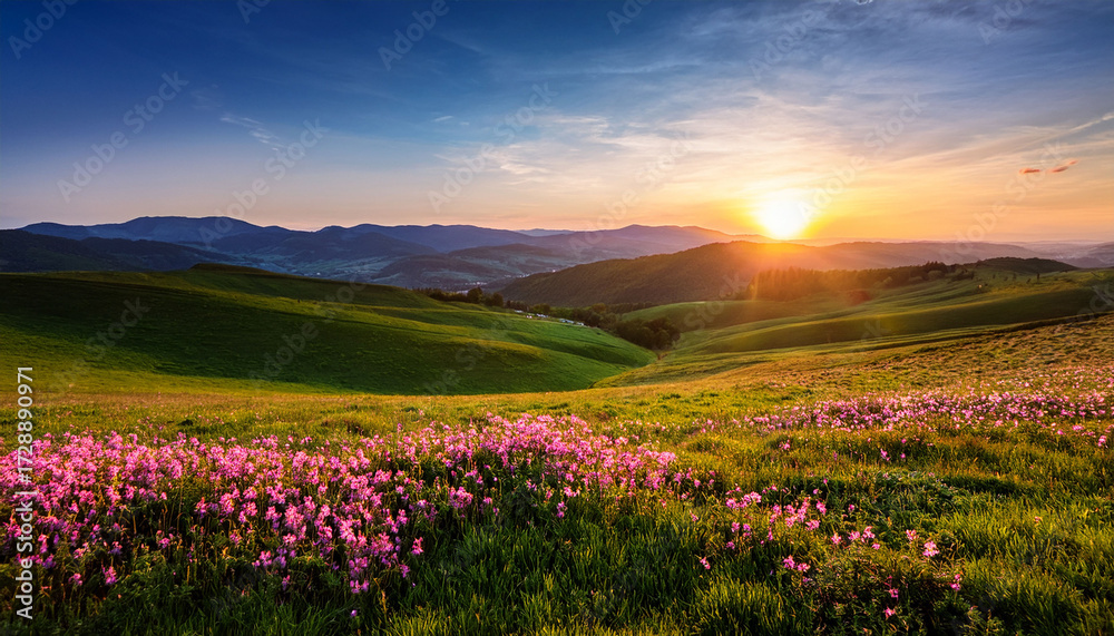 Obraz premium Sunrise Sunset Over Green Fields With Pink Flowers Serene Landscape