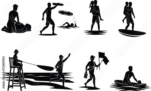 Lifeguard silhouette set featuring beach rescue, CPR, emergency signaling, and water safety actions for educational and lifestyle design use