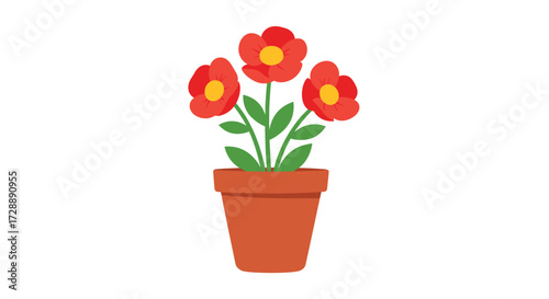 A vibrant pot of red flowers with green stems and leaves.