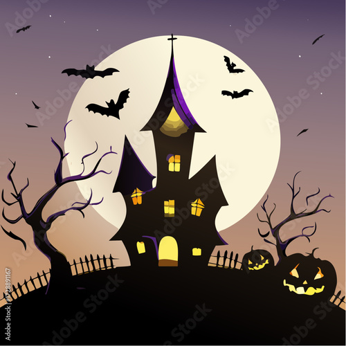 Eerie Halloween night scene featuring a towering haunted mansion silhouetted against a luminous full moon, with bats flying through a twilight sky and glowing jack-o'-lanterns on a creepy hilltop
