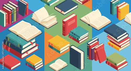 A colorful isometric view of various books scattered across a vibrant geometric background. 
