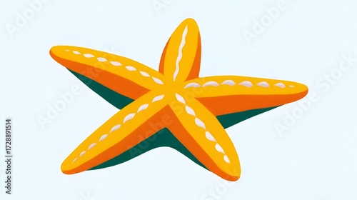 A close-up image of a vibrant orange and yellow starfish with detailed symmetrical patterns and five arms or legs against a plain white background.