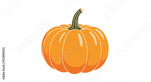 A vibrant orange pumpkin with a green stem rests against a white background showcasing its ribbed texture and autumnal appeal.