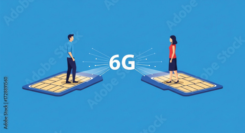 Two people standing on platforms facing each other with the text 6G in the middle, representing the next generation of wireless technology. Vector illustration.