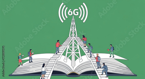 A vibrant illustration depicts a 6G technology tower atop a book, symbolizing the ascent of knowledge and progress with people climbing the stairs to reach it. Vector illustration.