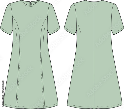 Technical fashion sketch of A-line dress with princess seams and concealed zipper for apparel construction and educational design use