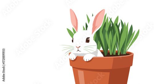 A small white bunny peeks out from a terracotta pot filled with vibrant green grass.