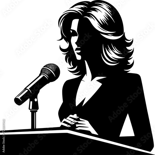 Orator in Shadow: A striking illustration showcases an eloquent female speaker, radiating authority and focus behind a microphone, commanding attention with her poise and articulate demeanor. 