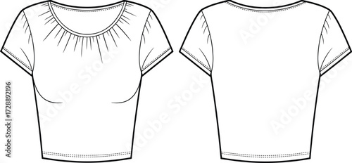 Technical fashion sketch of cropped short-sleeve top with gathered neckline and round back for casualwear construction and educational design use