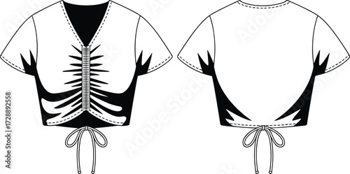 Technical fashion sketch of cropped top with deep V-neckline, ruched drawstring detail, and graphic accents for streetwear design use