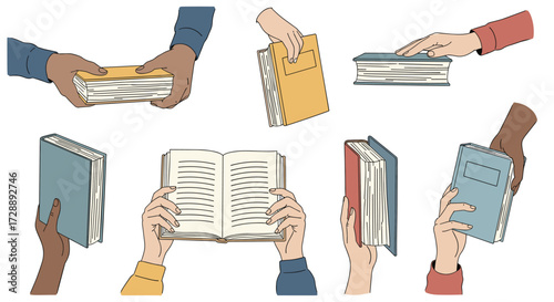 Diverse hands exchanging and holding books promoting literacy and learning.