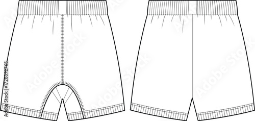 Technical fashion sketch of elastic-waist shorts with gusseted crotch and center seams for activewear construction and educational design use
