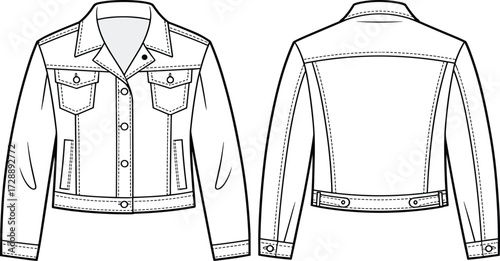 Technical fashion sketch of denim jacket with pointed collar, chest flap pockets, and adjustable waist tabs for apparel design use