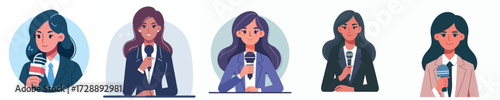 Female News Reporter Vector Illustration Set with Microphone
