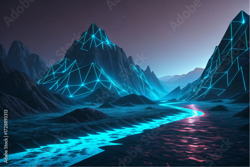 Futuristic Neon Polygonal Mountain Landscape