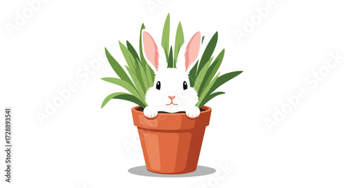 A cute white bunny peeking out from behind lush green leaves in a terracotta pot.