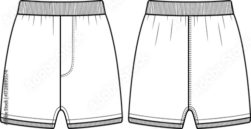 Technical fashion sketch of front-view shorts with elastic waistband, fly seam variation, and curved hem for apparel and educational use