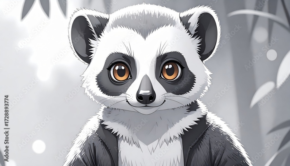 Fototapeta premium A charming lemur with striking amber eyes gazes from within a grayscale jungle scene.
