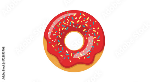 A delicious ring-shaped fried dough confection covered in bright red icing and colorful sprinkles.