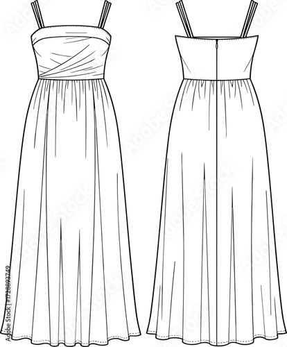 Technical fashion sketch of long formal dress with spaghetti straps, ruched bodice, pleated skirt, and center back seam for design use