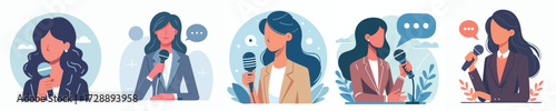 Modern Female Reporter Vector Illustration Set with Microphone