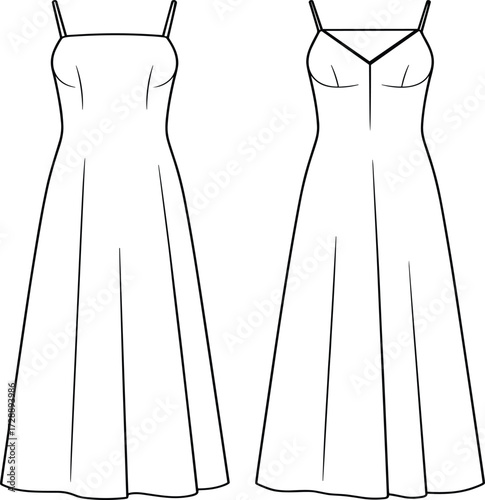 Technical fashion sketch of long spaghetti strap dresses with straight and V-necklines and flared skirts for formalwear design use